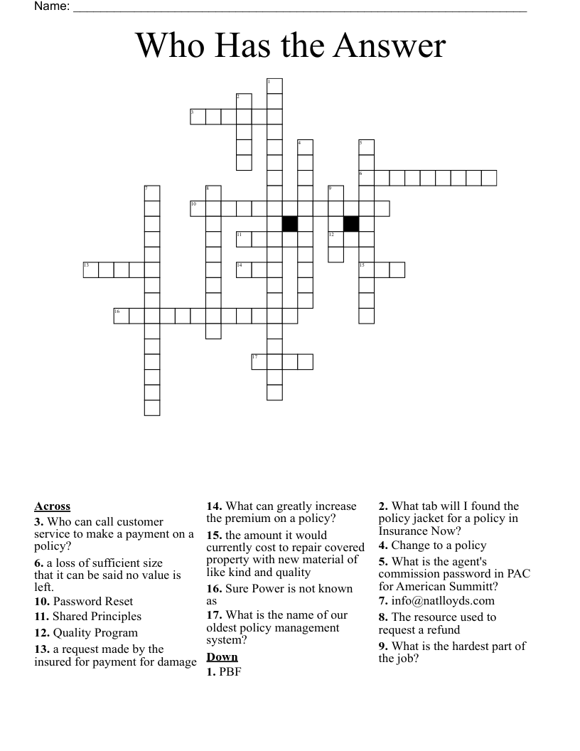 Who Has the Answer Crossword