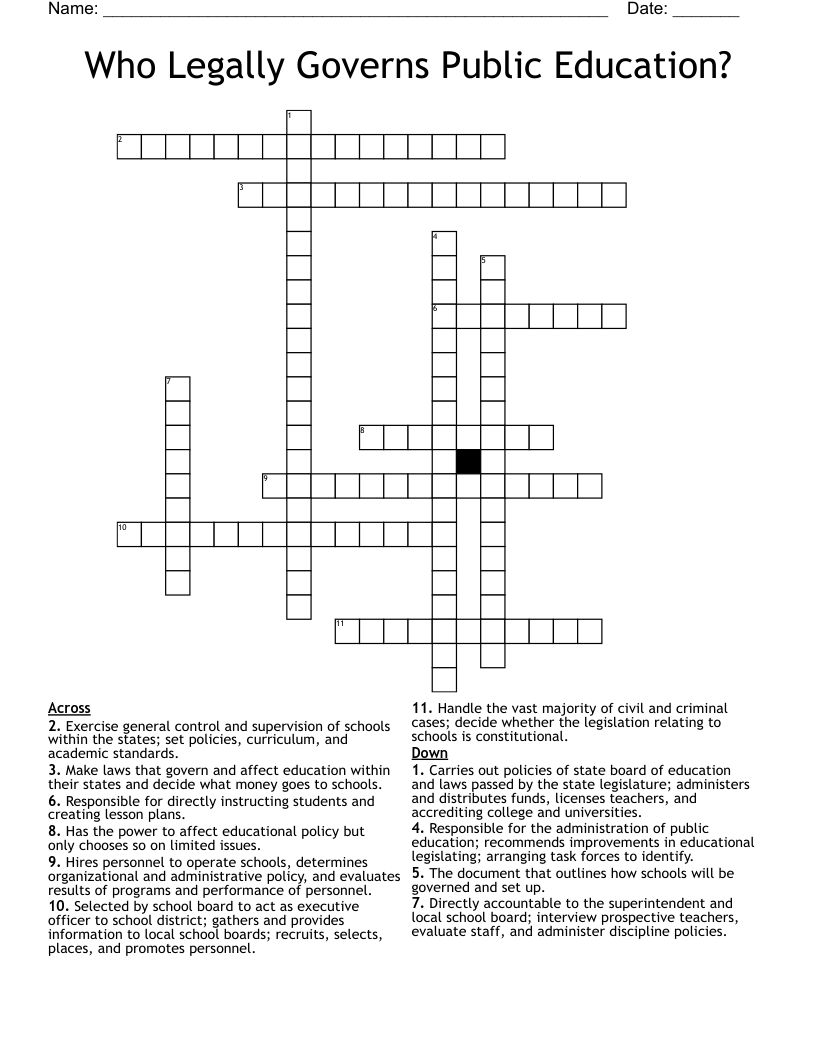 Who Legally Governs Public Education? Crossword