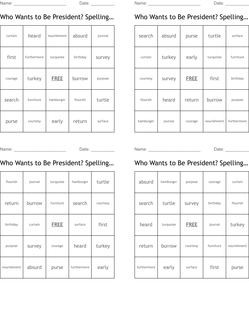 Who Wants to Be President? Spelling Bingo