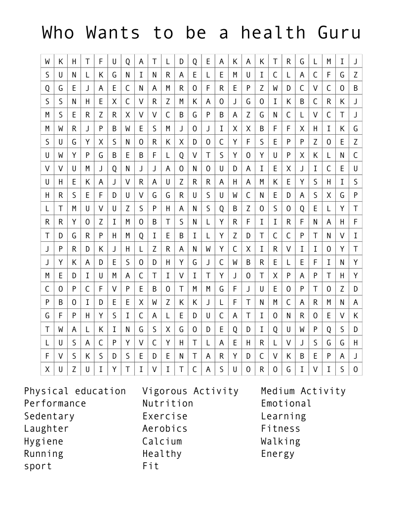 Who Wants to be a health Guru Word Search