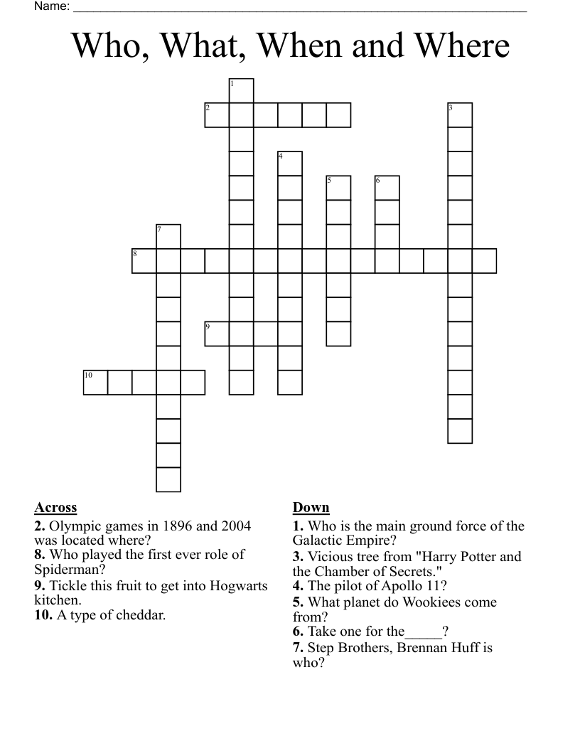 Who, What, When and Where Crossword