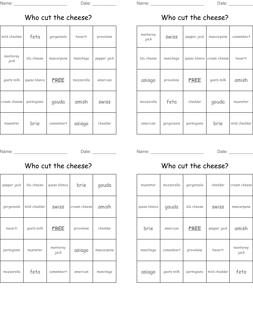Who cut the cheese? Bingo Cards