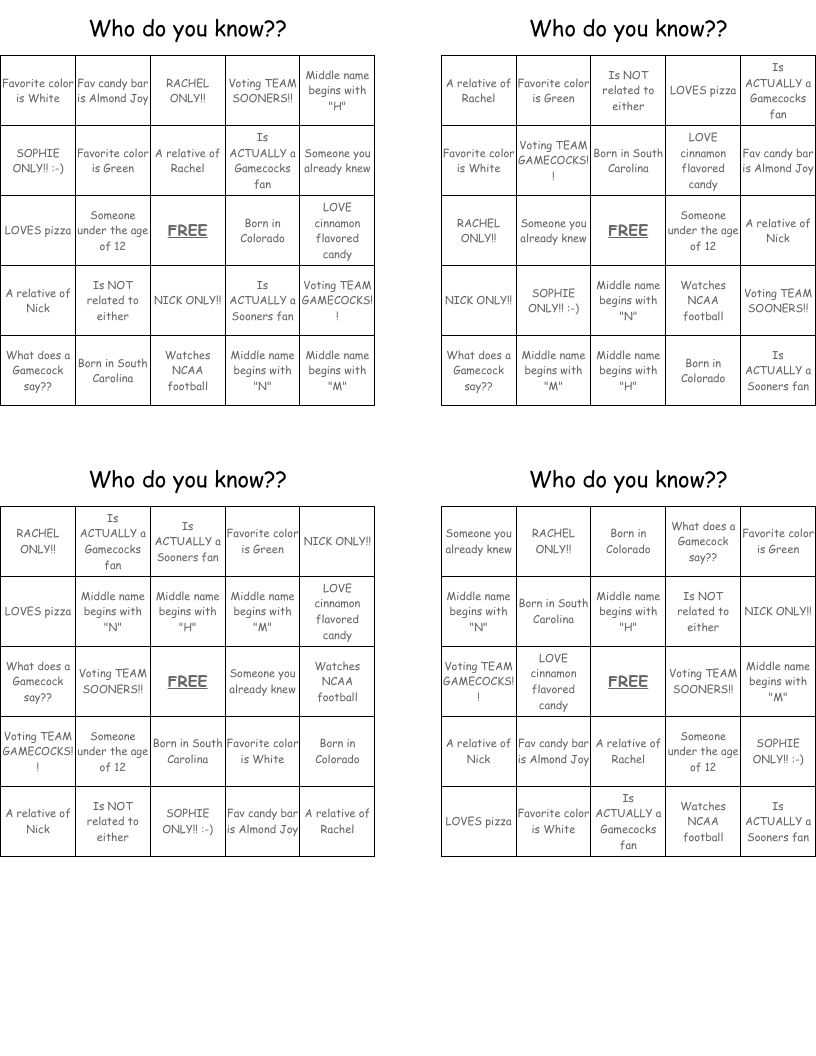 Who do you know?? Bingo Cards