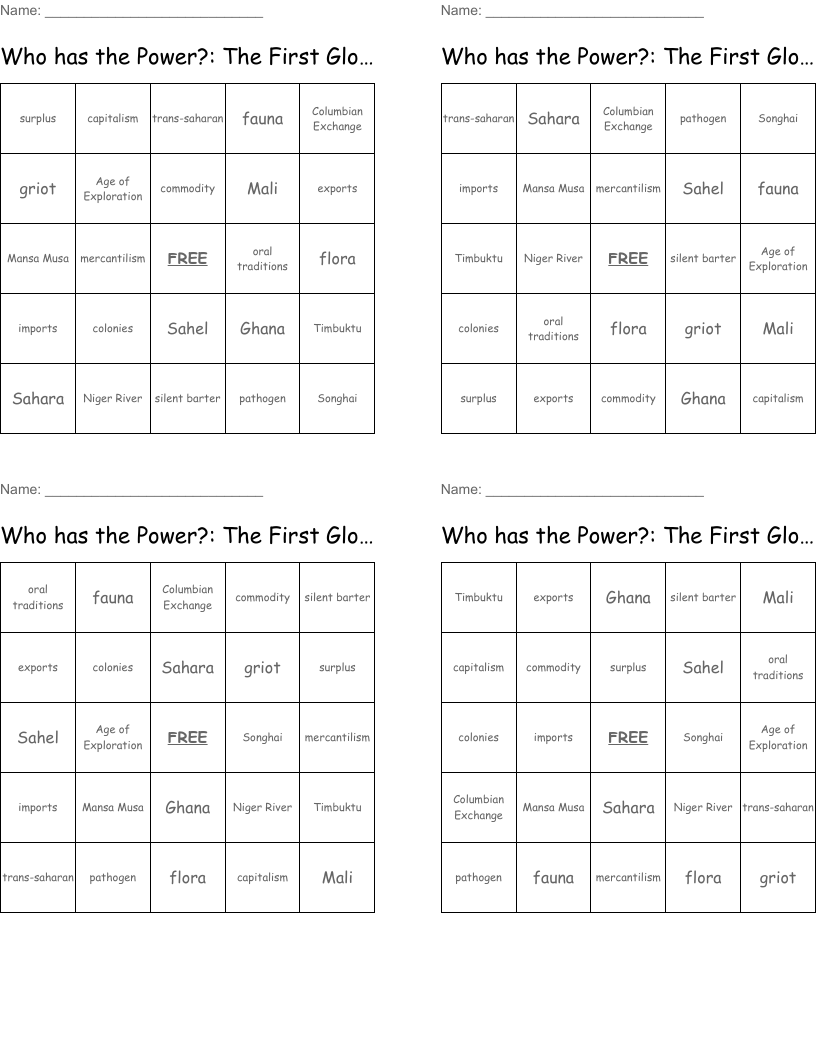 Who has the Power?: The First Global Age Bingo Cards