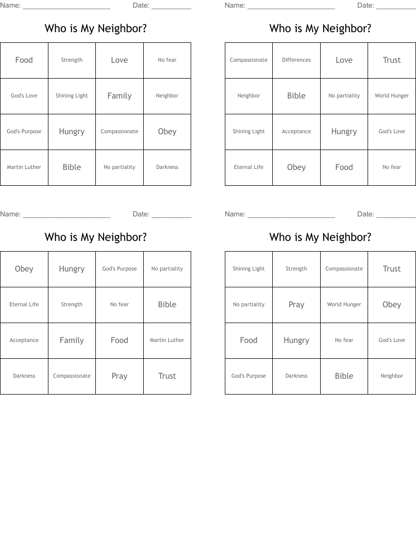 Who is My Neighbor? Bingo Cards