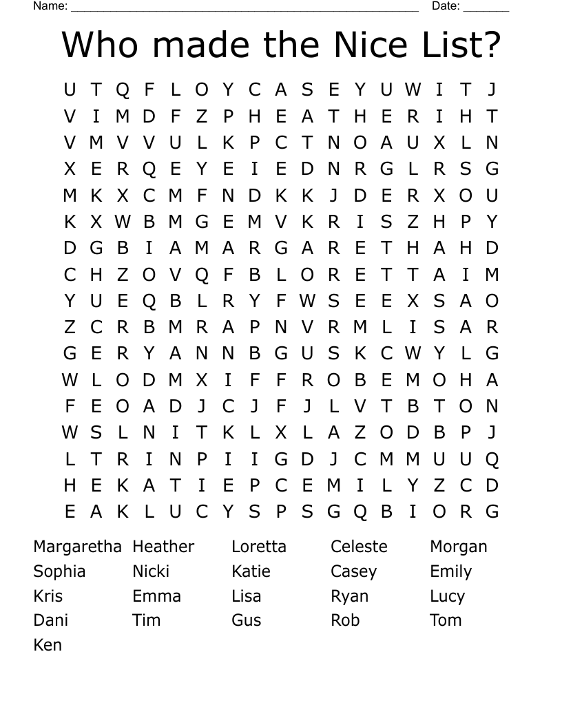 Who made the Nice List? Word Search