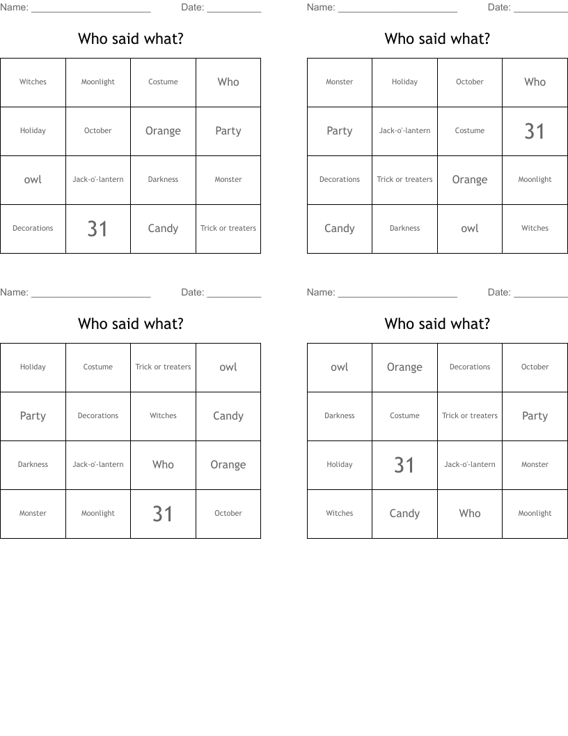 Who said what? Bingo Cards