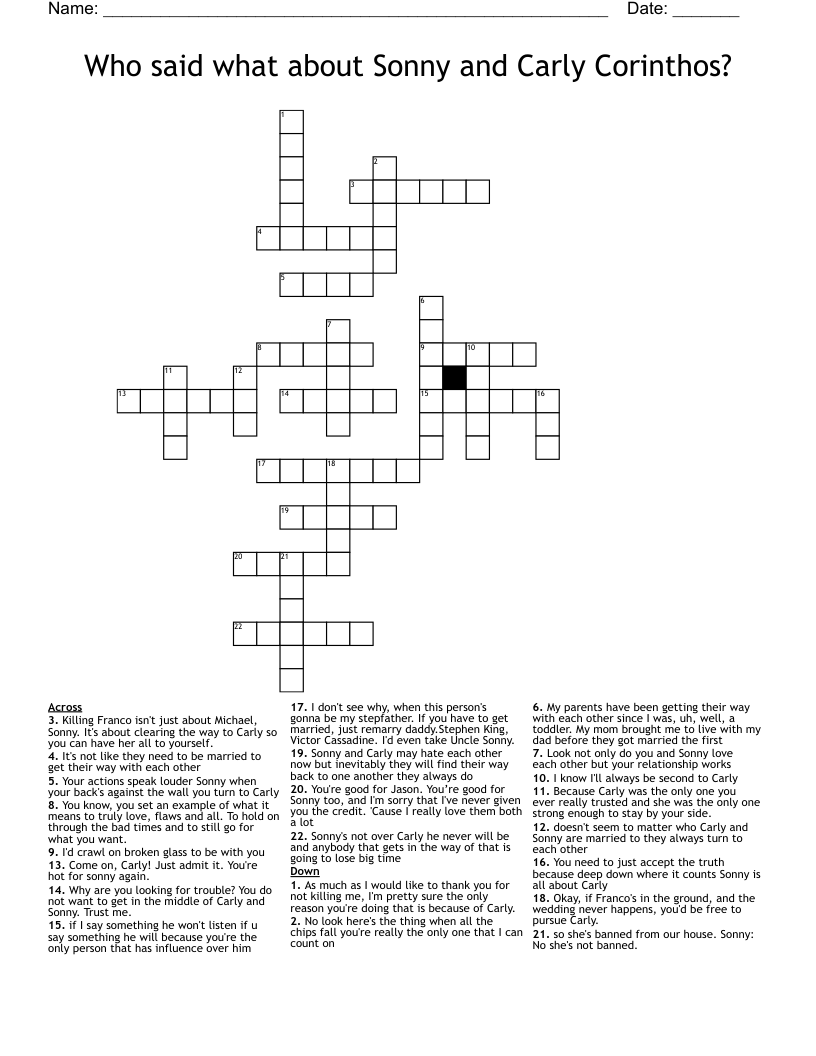 Who said what about Sonny and Carly Corinthos? Crossword