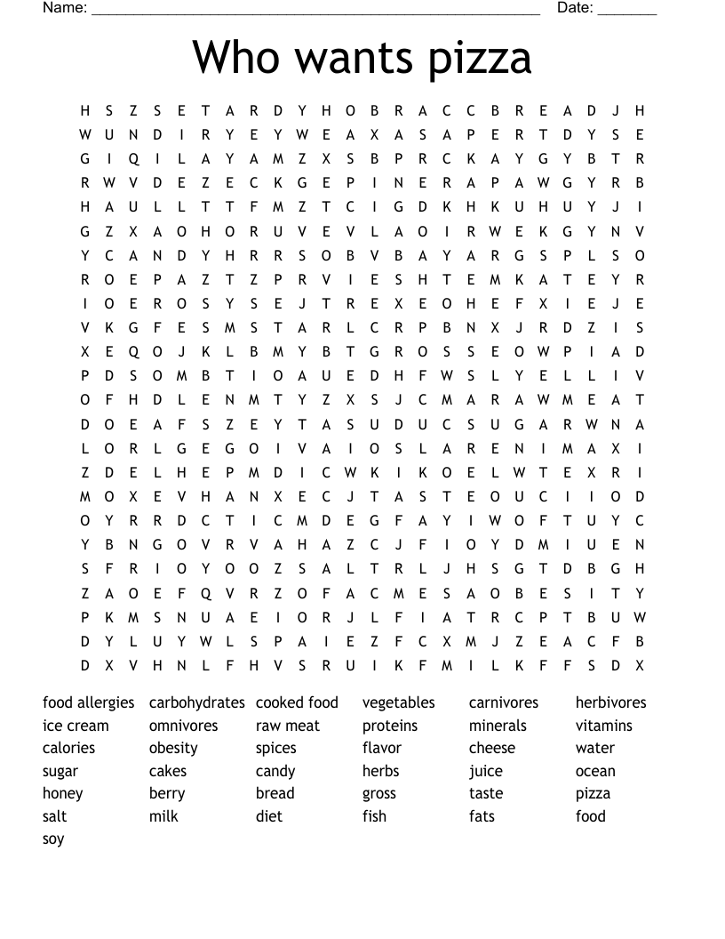 Who wants pizza Word Search