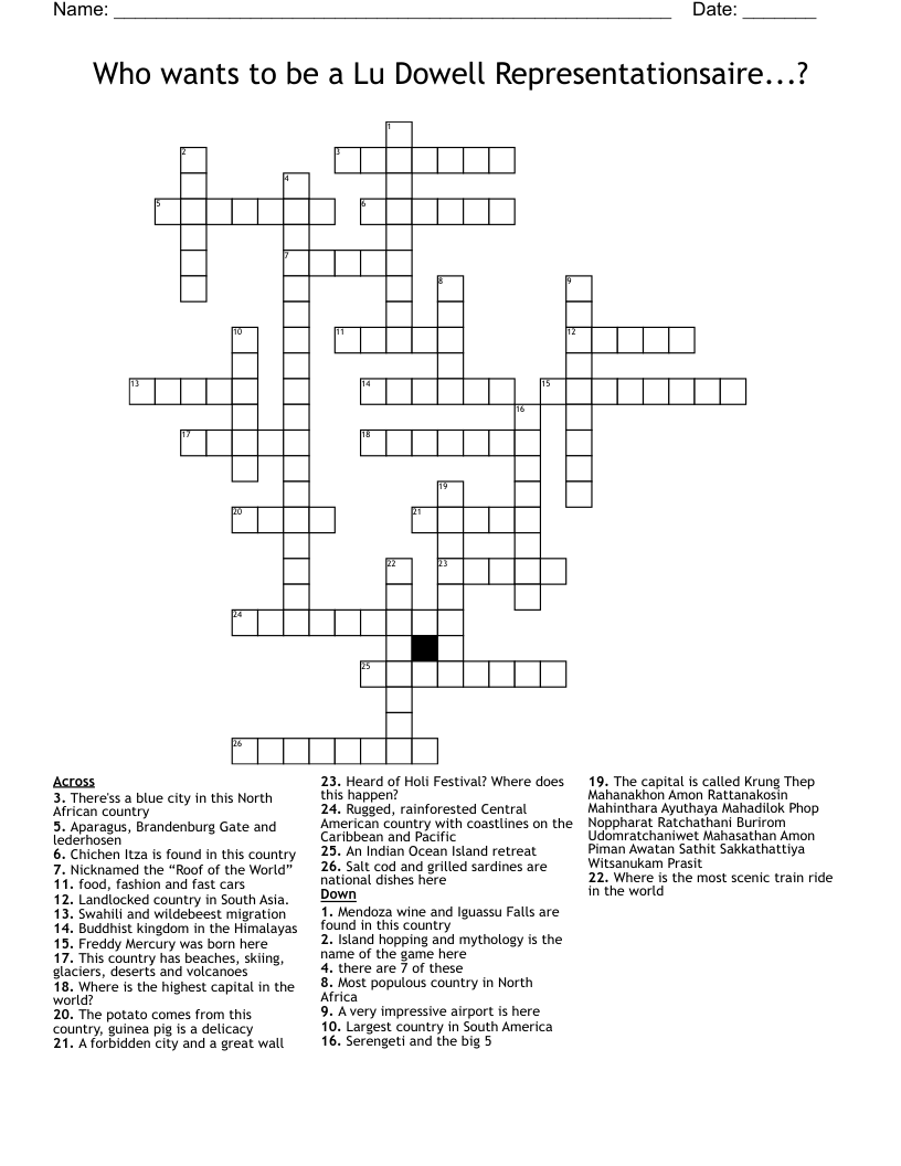 Who wants to be a Lu Dowell Representationsaire...? Crossword