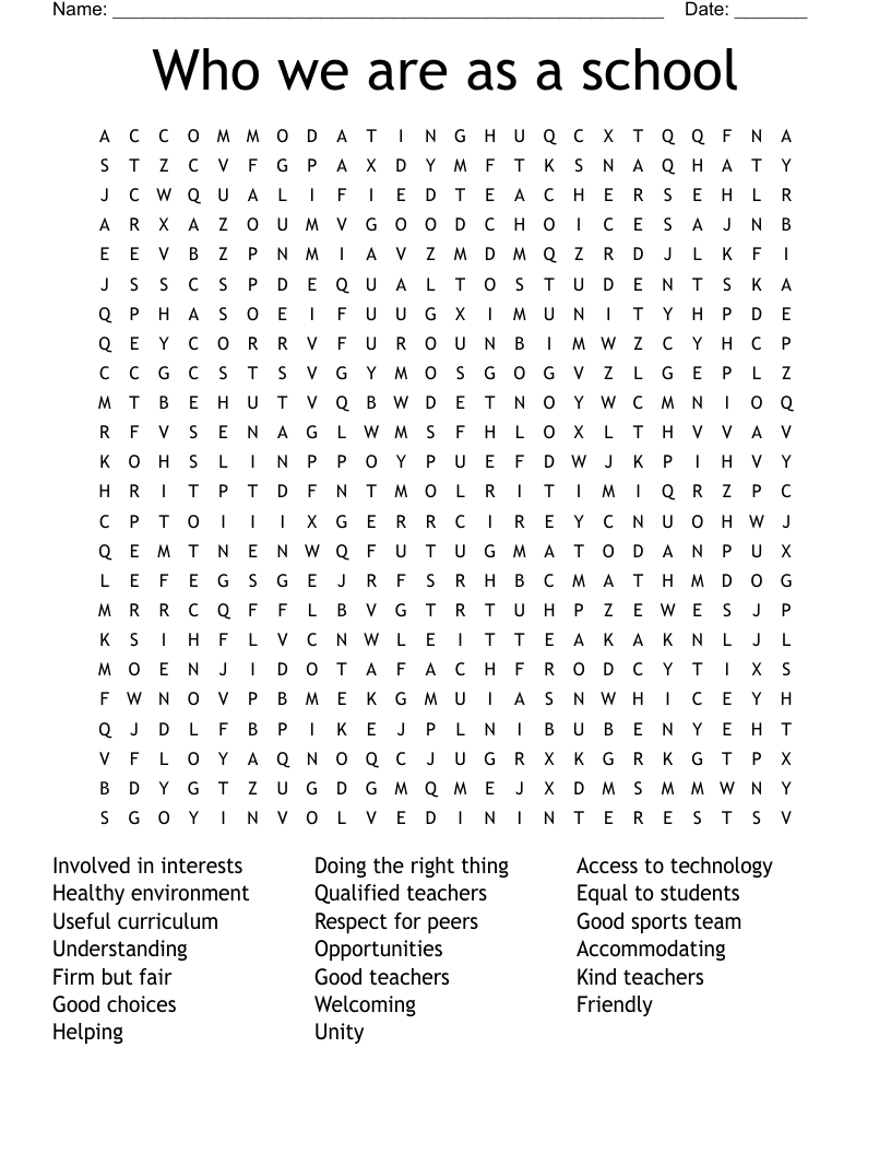 Who we are as a school Word Search