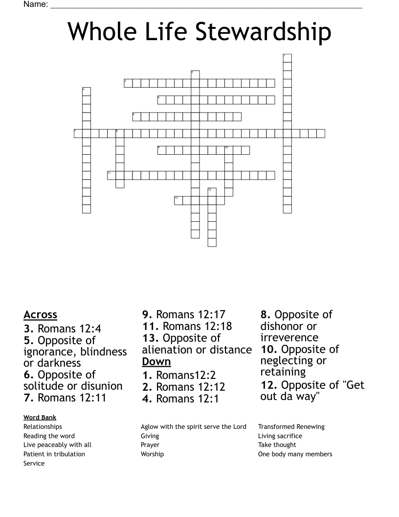 Whole Life Stewardship Crossword