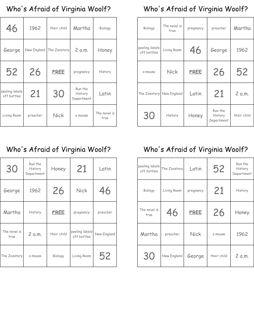 Who's Afraid of Virginia Woolf? Bingo Cards
