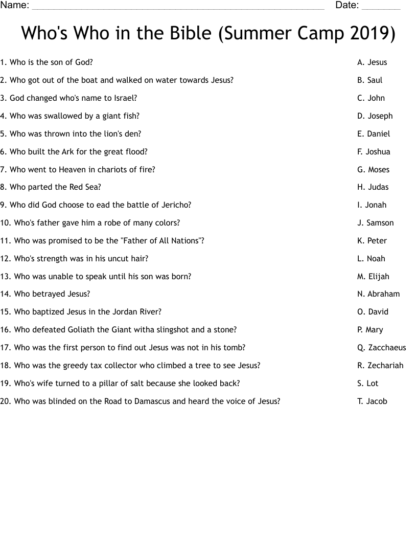 Who's Who in the Bible (Summer Camp 2019) Worksheet