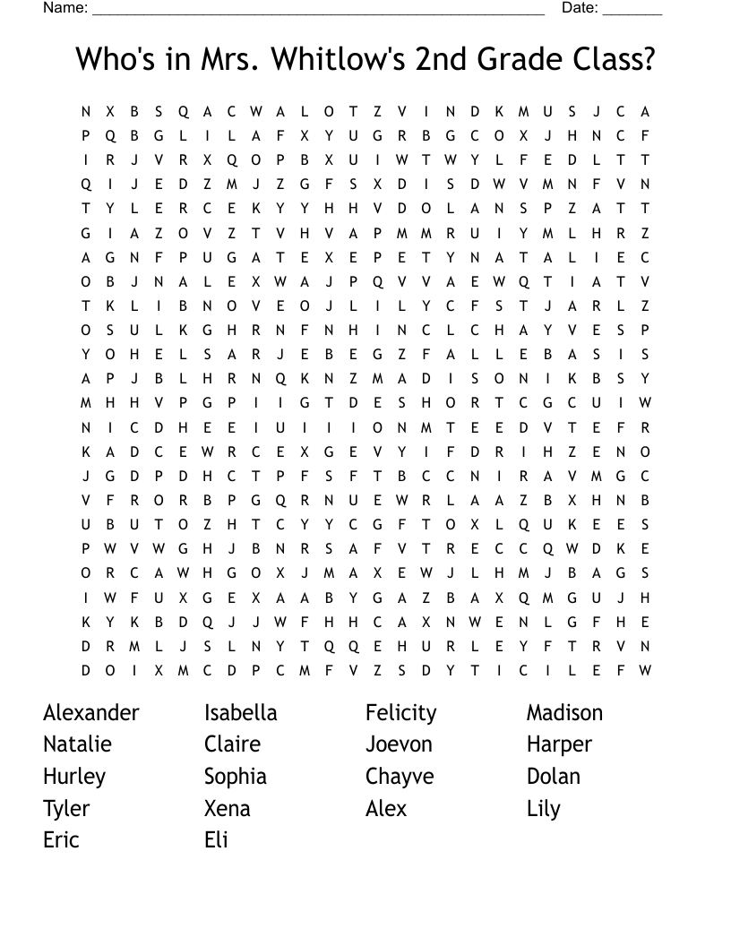 Who's in Mrs. Whitlow's 2nd Grade Class? Word Search