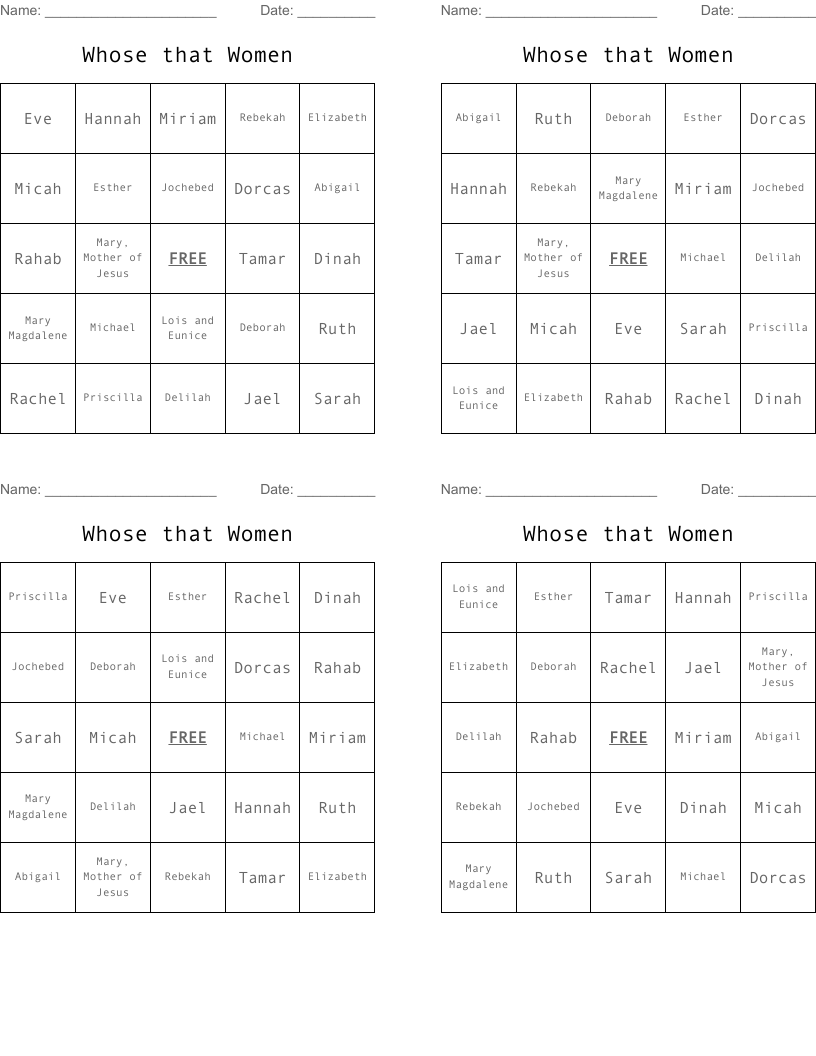 Whose that Women Bingo Cards