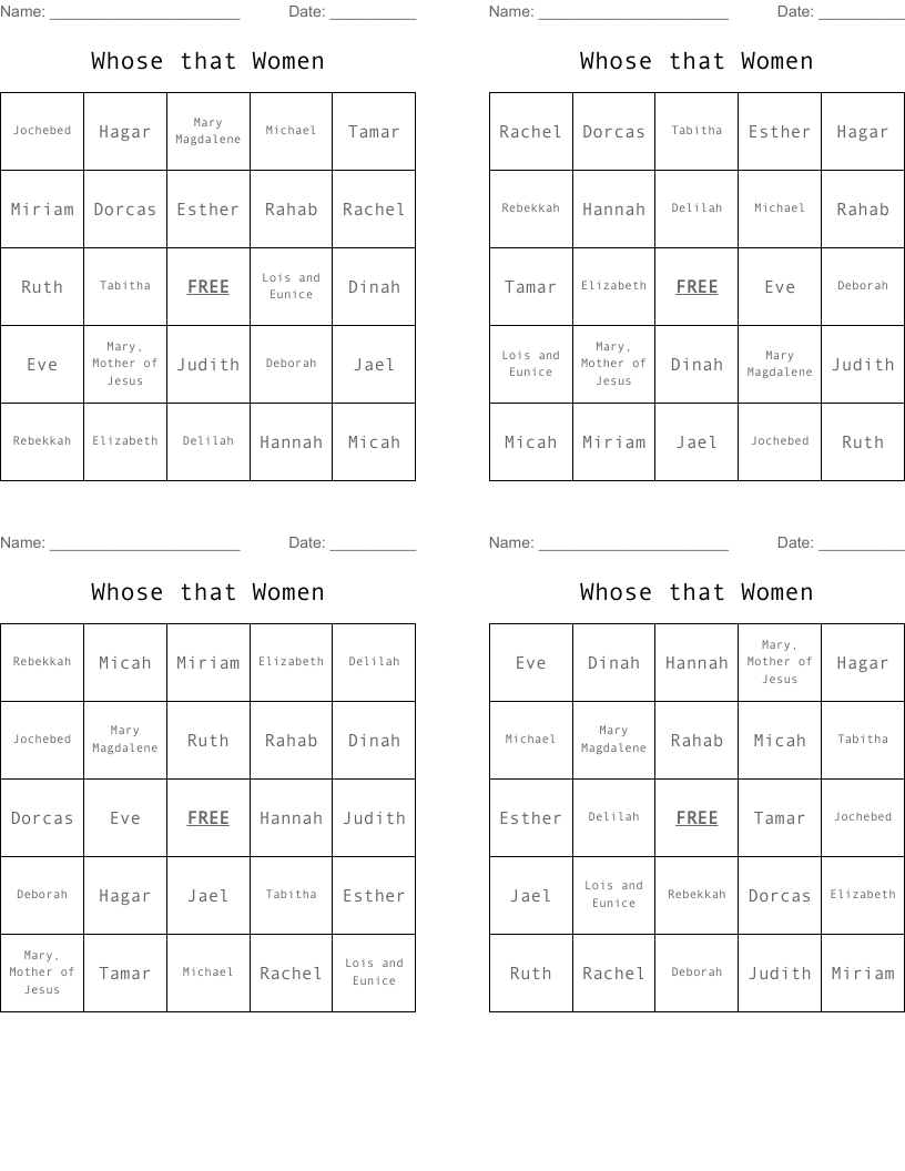 Whose that Women  Bingo Cards