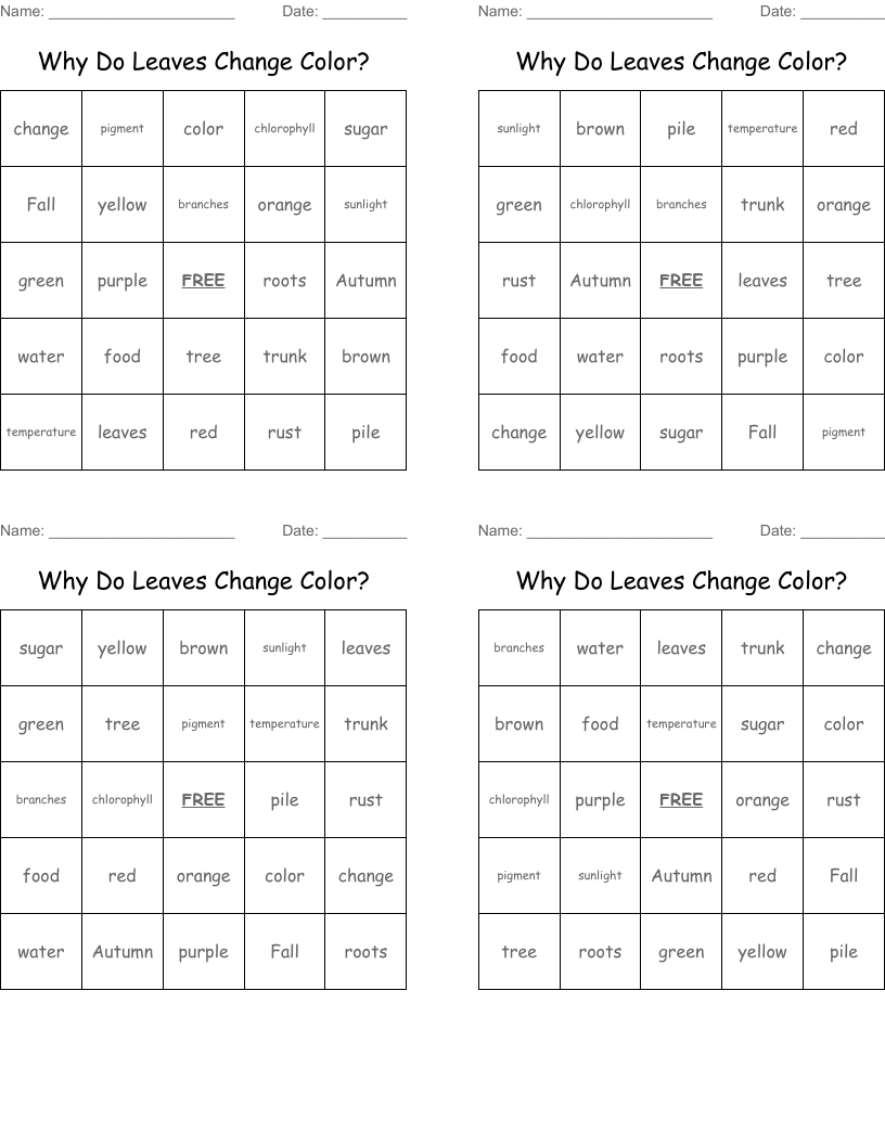 Why Do Leaves Change Color? Bingo Cards