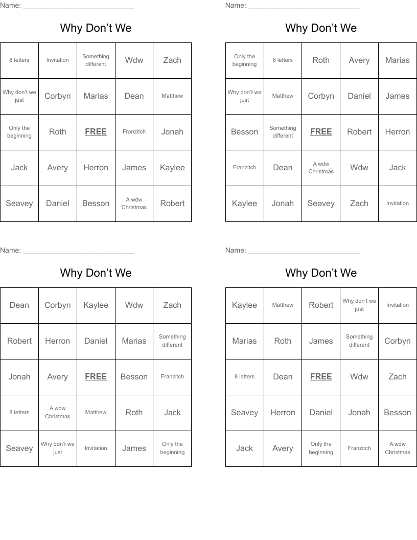 Why Don’t We Bingo Cards