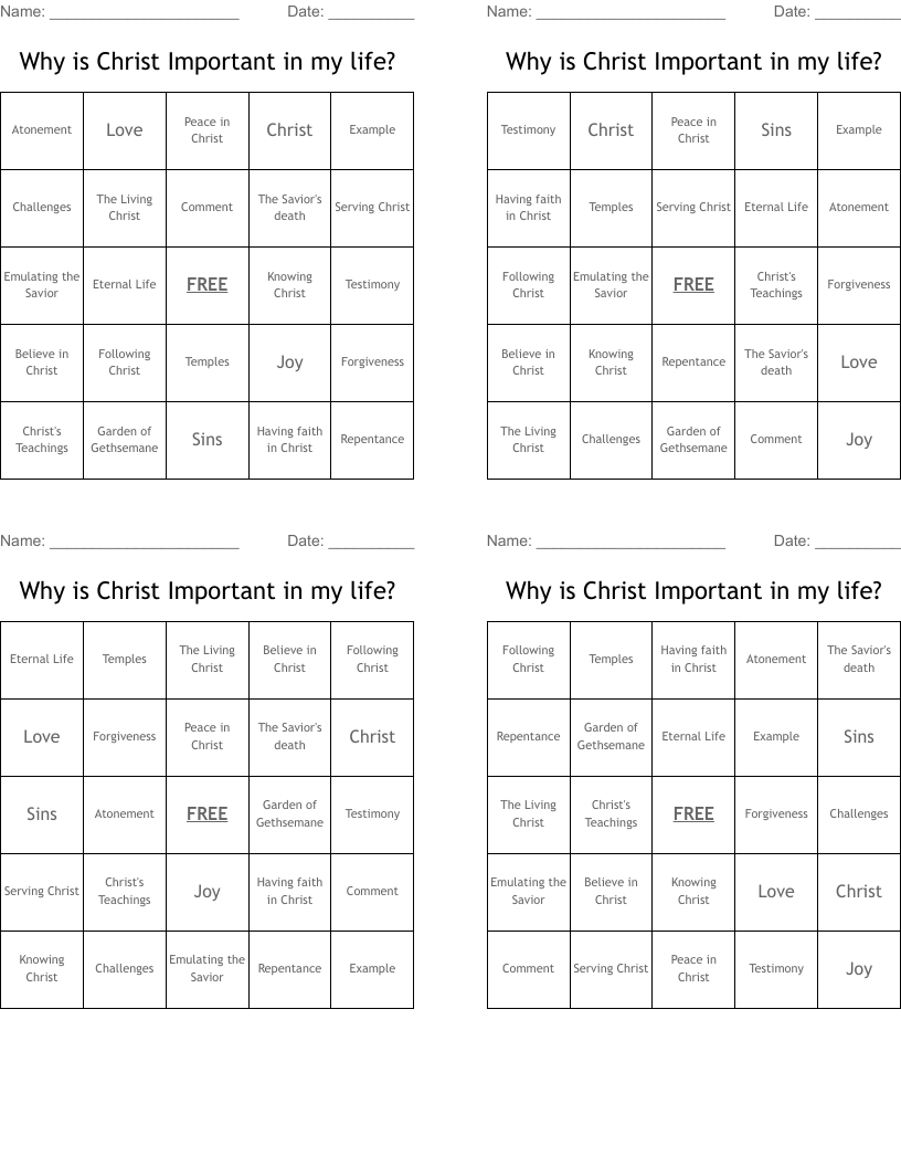 Why is Christ Important in my life? Bingo Cards