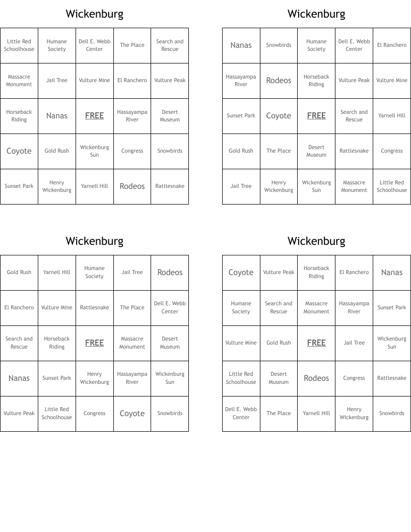 Wickenburg Bingo Cards