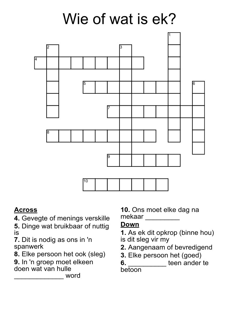 Wie of wat is ek? Crossword