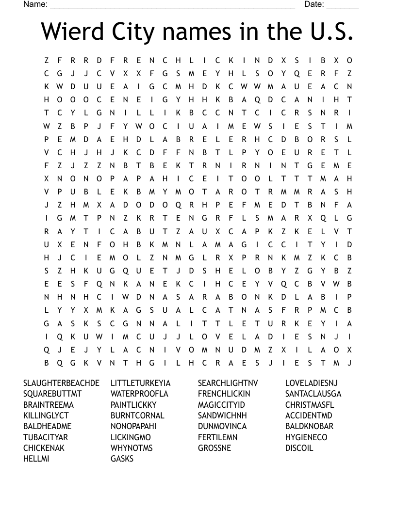 Wierd City names in the U.S. Word Search