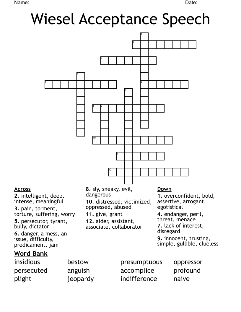 Wiesel Acceptance Speech Crossword