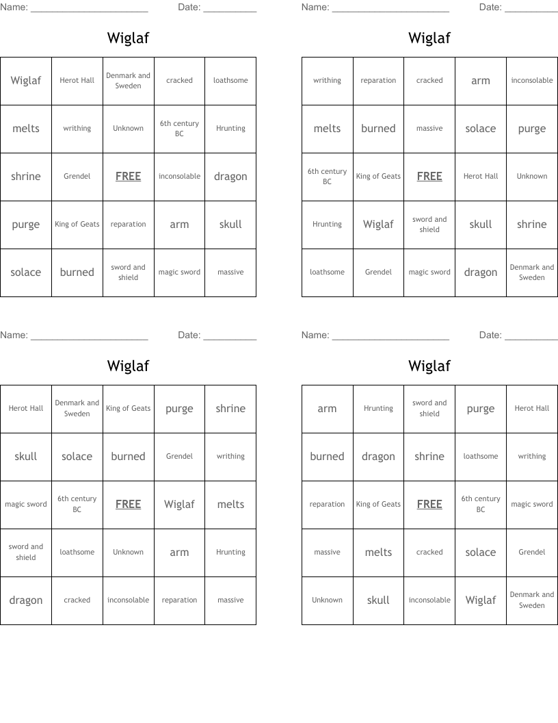 Wiglaf Bingo Cards