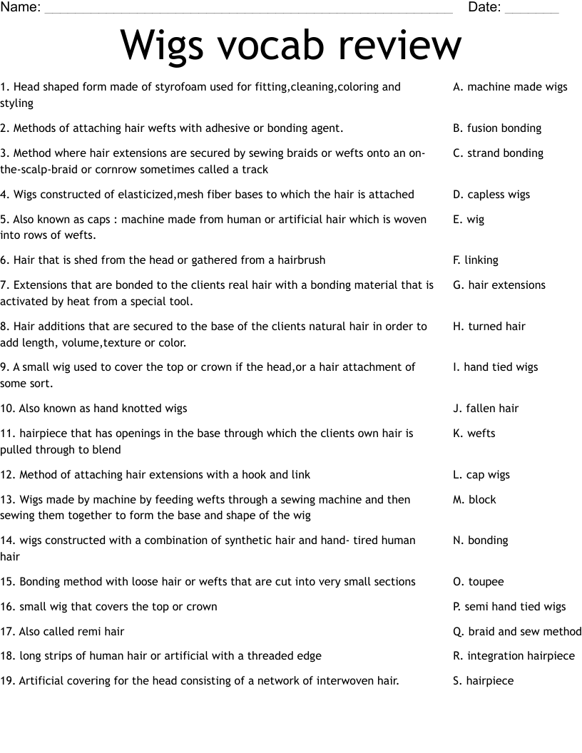 Wigs vocab review  Worksheet