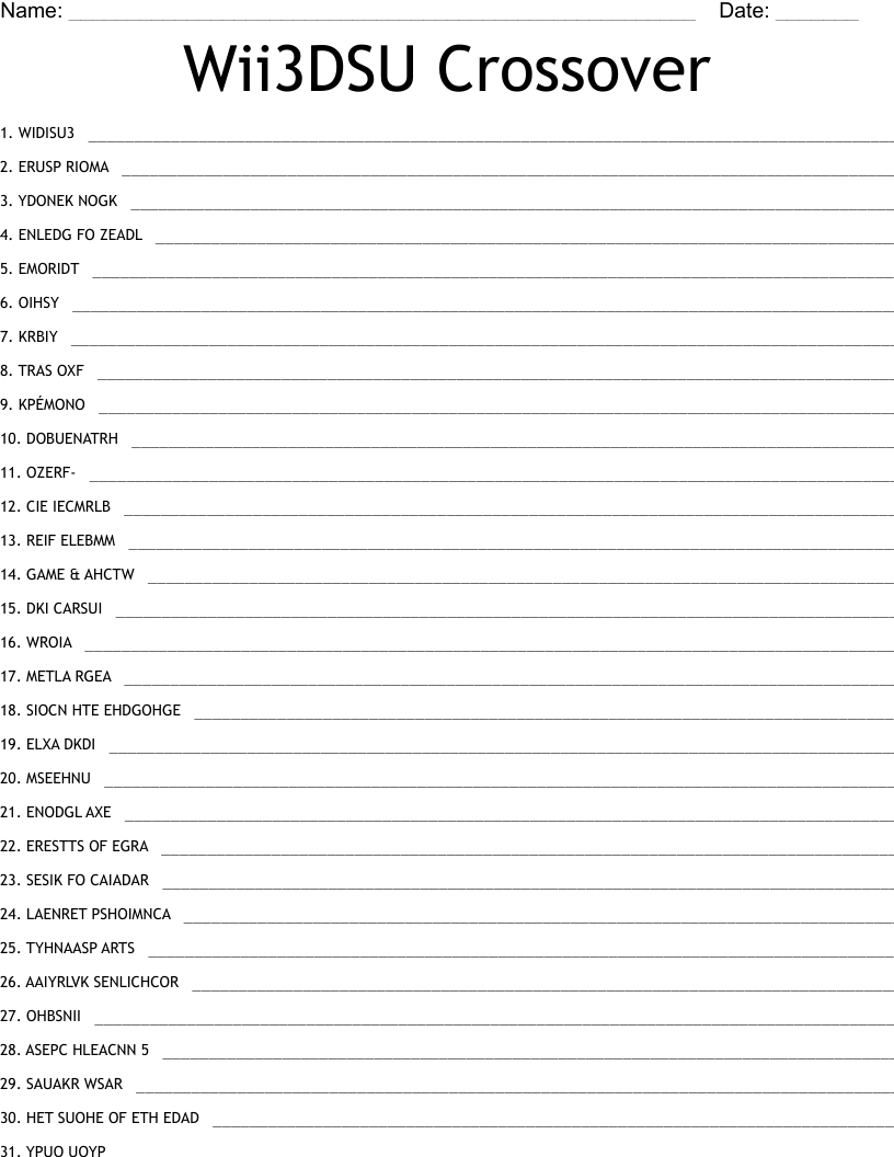 Wii3DSU Crossover Word Scramble