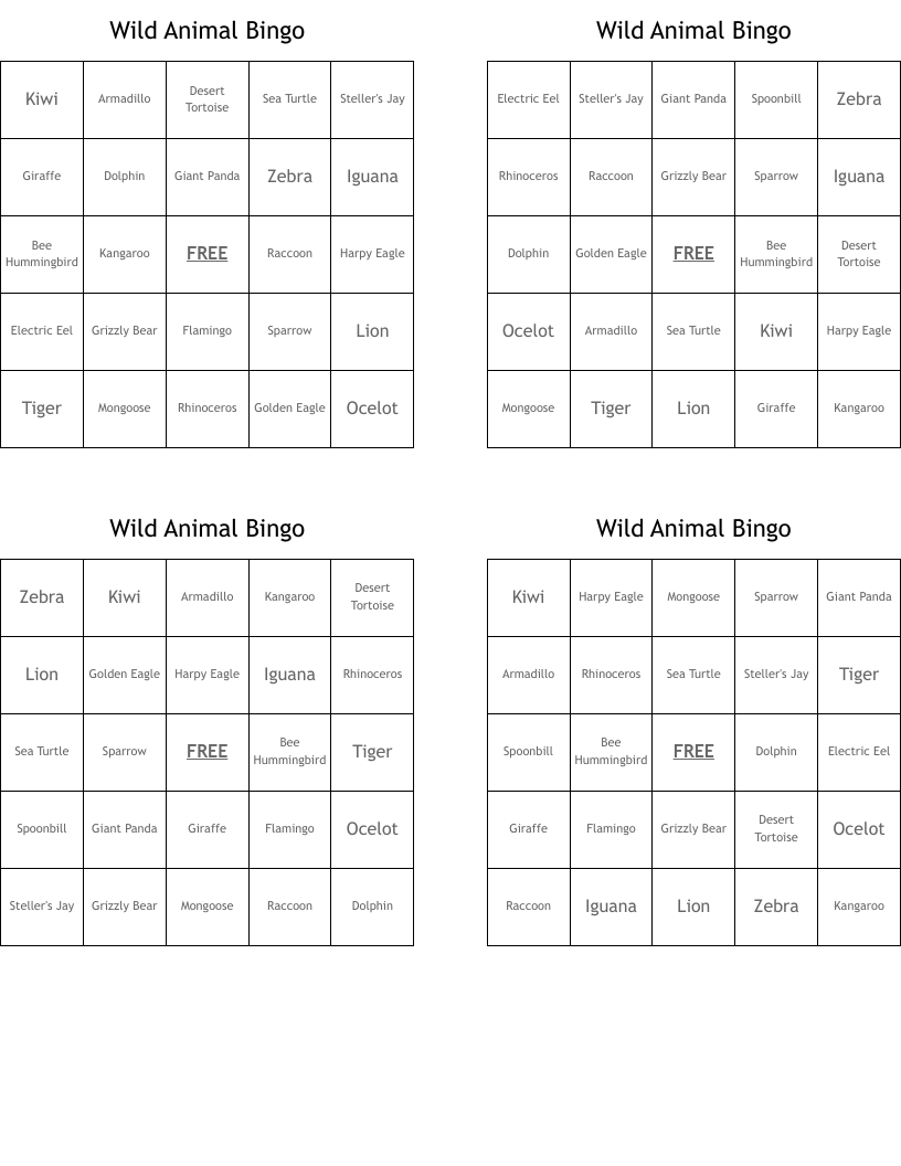 Wild Animal Bingo