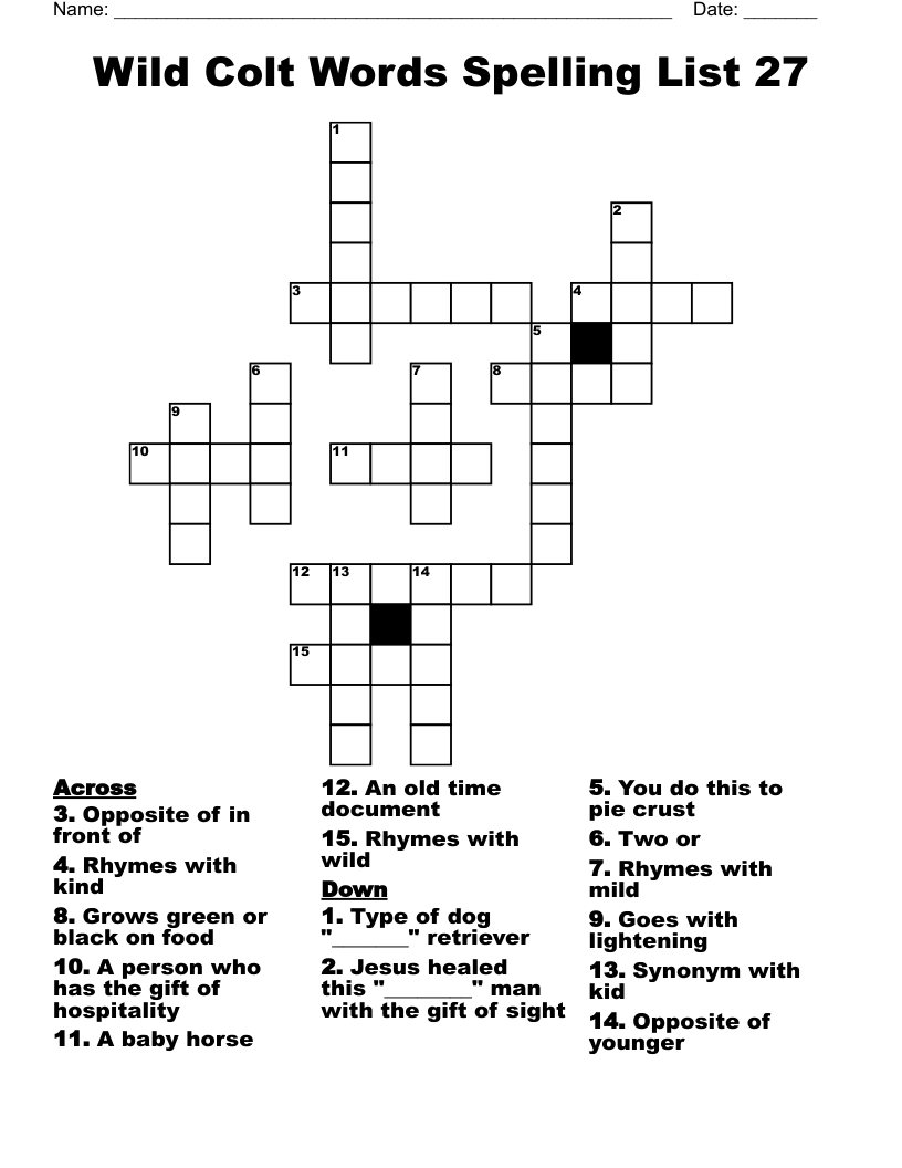 Wild Colt Words Spelling List 27 Crossword