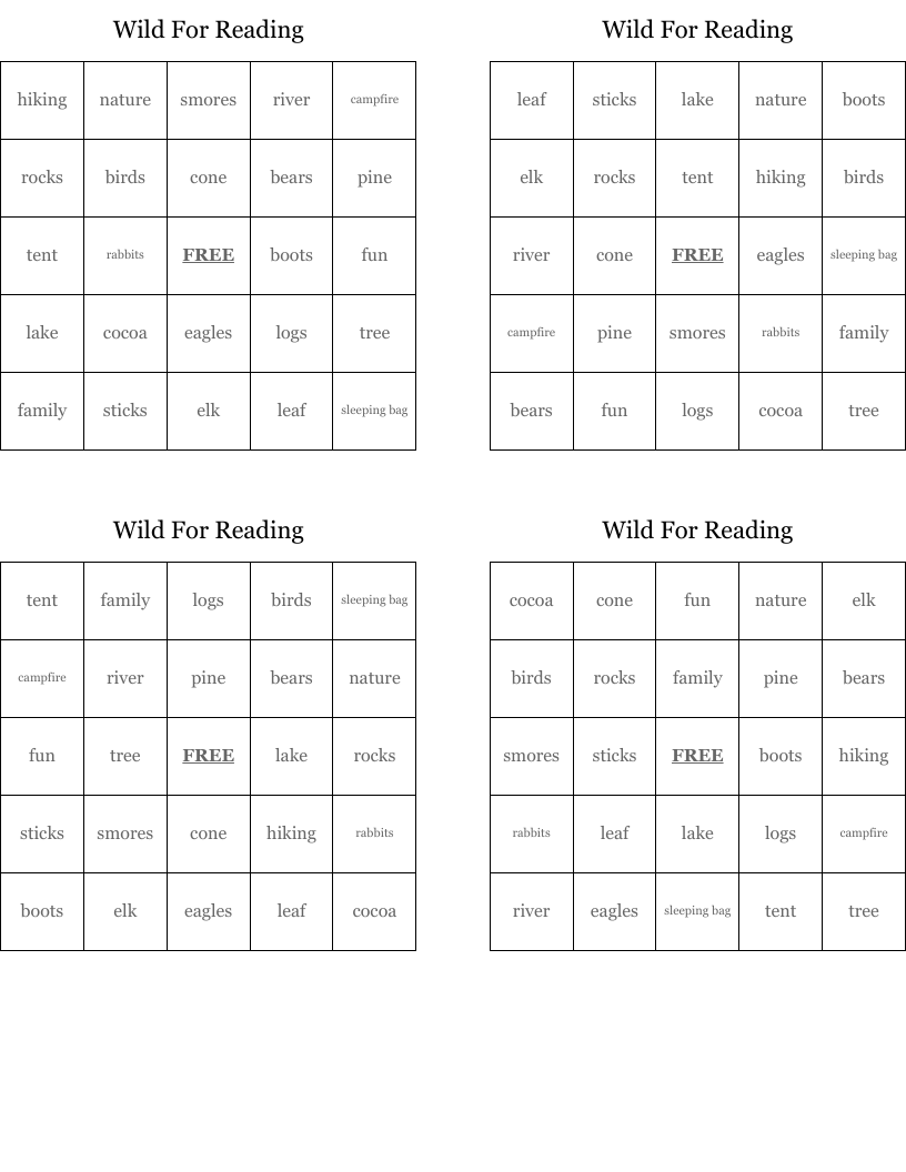 Wild For Reading Bingo Cards