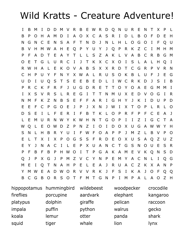 Wild Kratts - Creature Adventure! Word Search