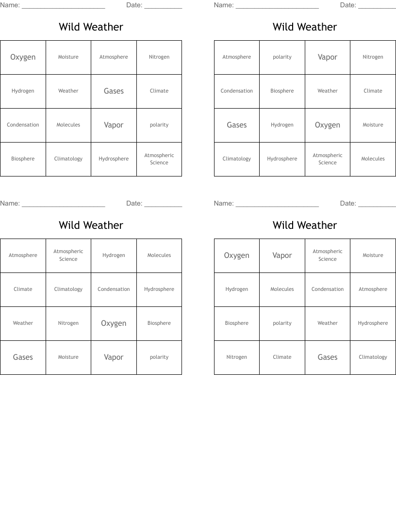 Wild Weather Bingo Cards