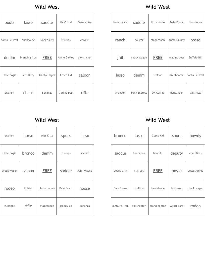 Wild West  Bingo Cards