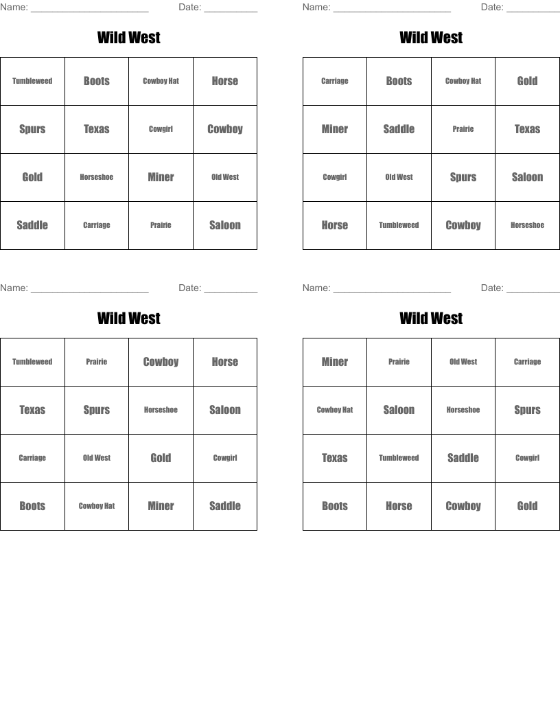 Wild West  Bingo Cards
