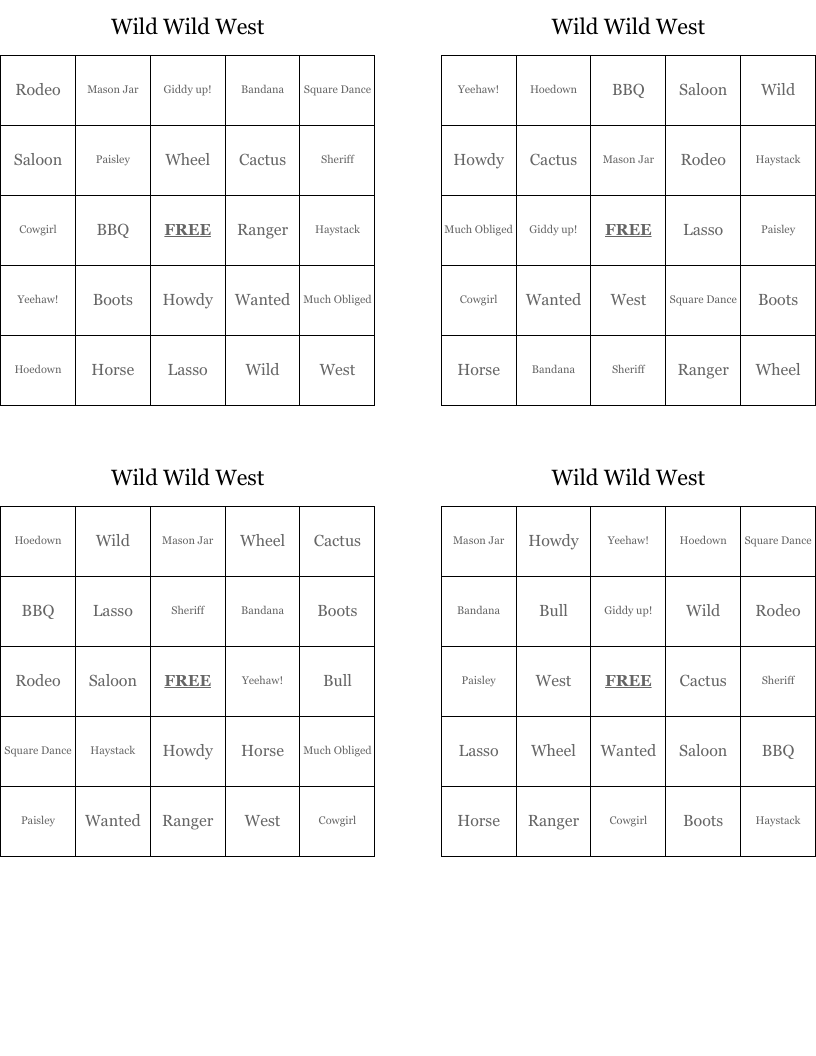 Wild Wild West Bingo Cards