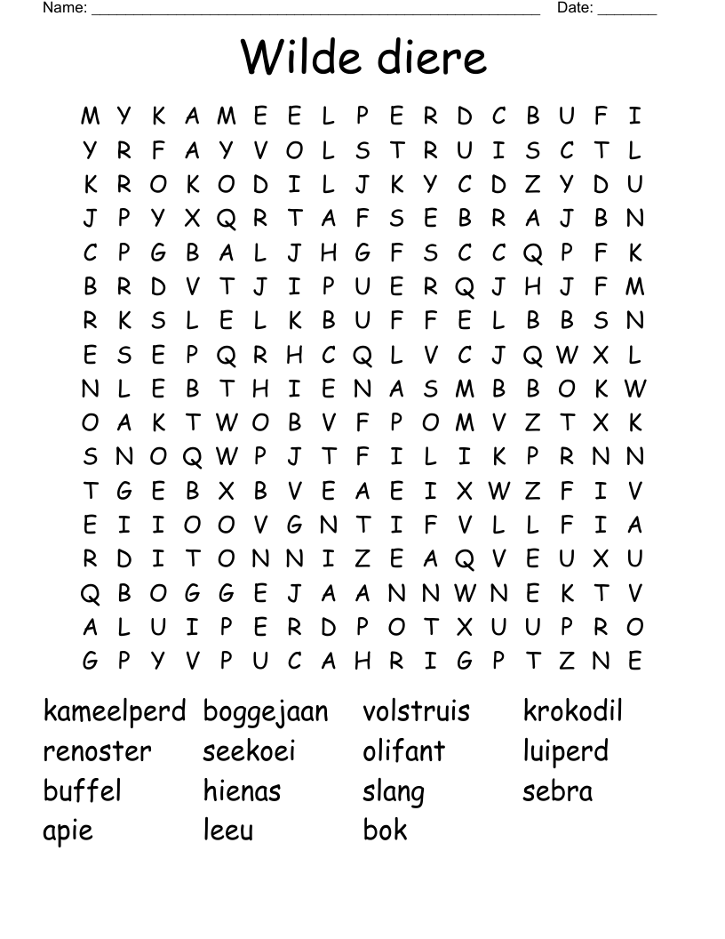 Wilde diere Word Search
