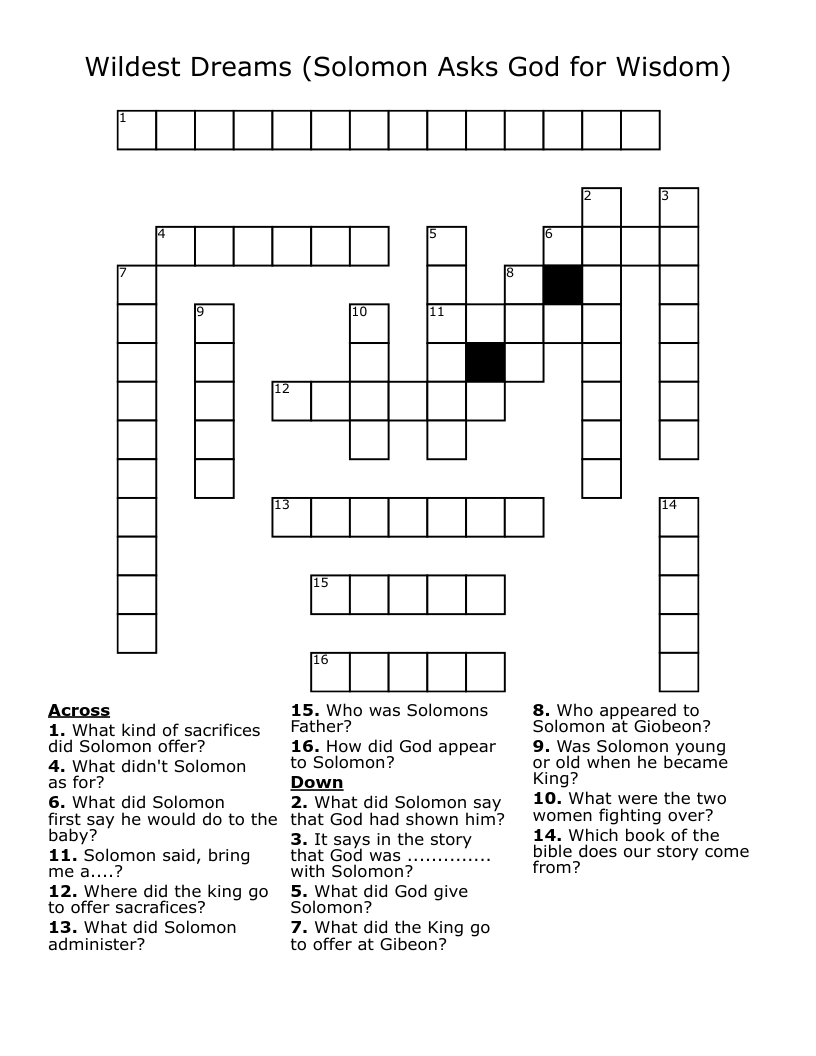 Wildest Dreams (Solomon Asks God for Wisdom) Crossword