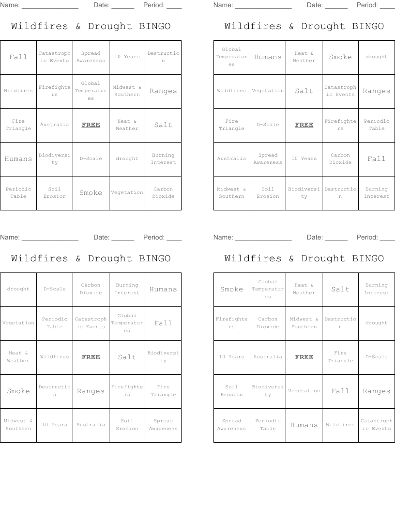 Wildfires & Drought BINGO