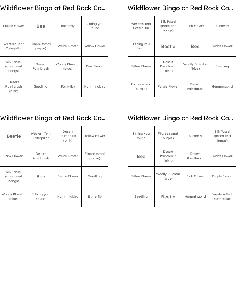 Wildflower Bingo at Red Rock Caynon