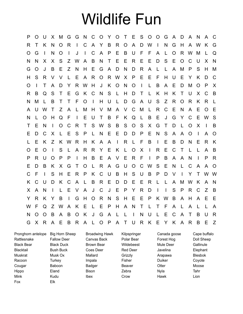 Wildlife Fun Word Search