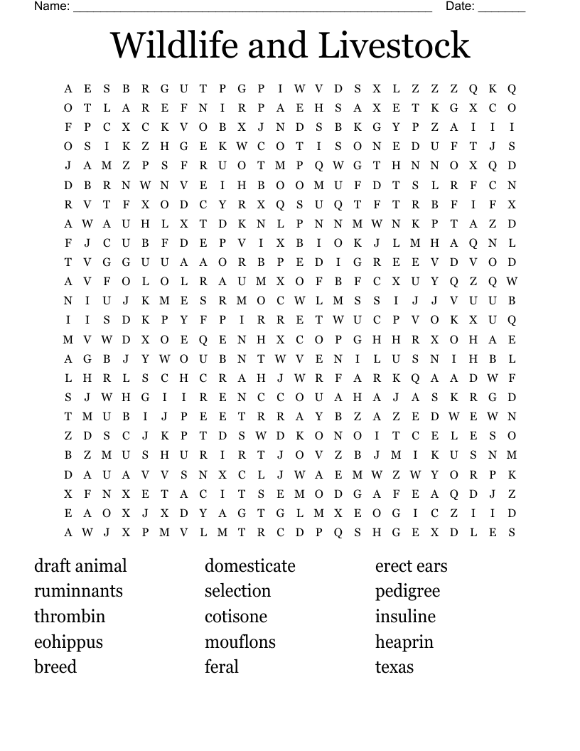 Wildlife and Livestock  Word Search
