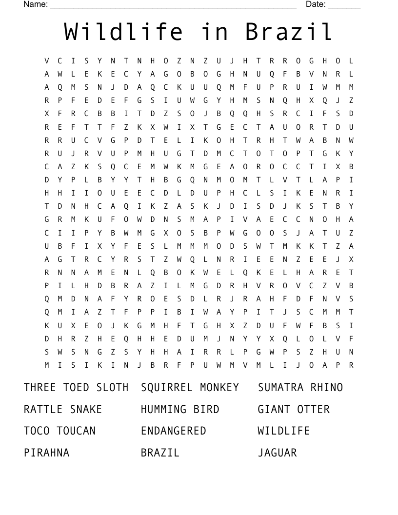 Wildlife in Brazil Word Search