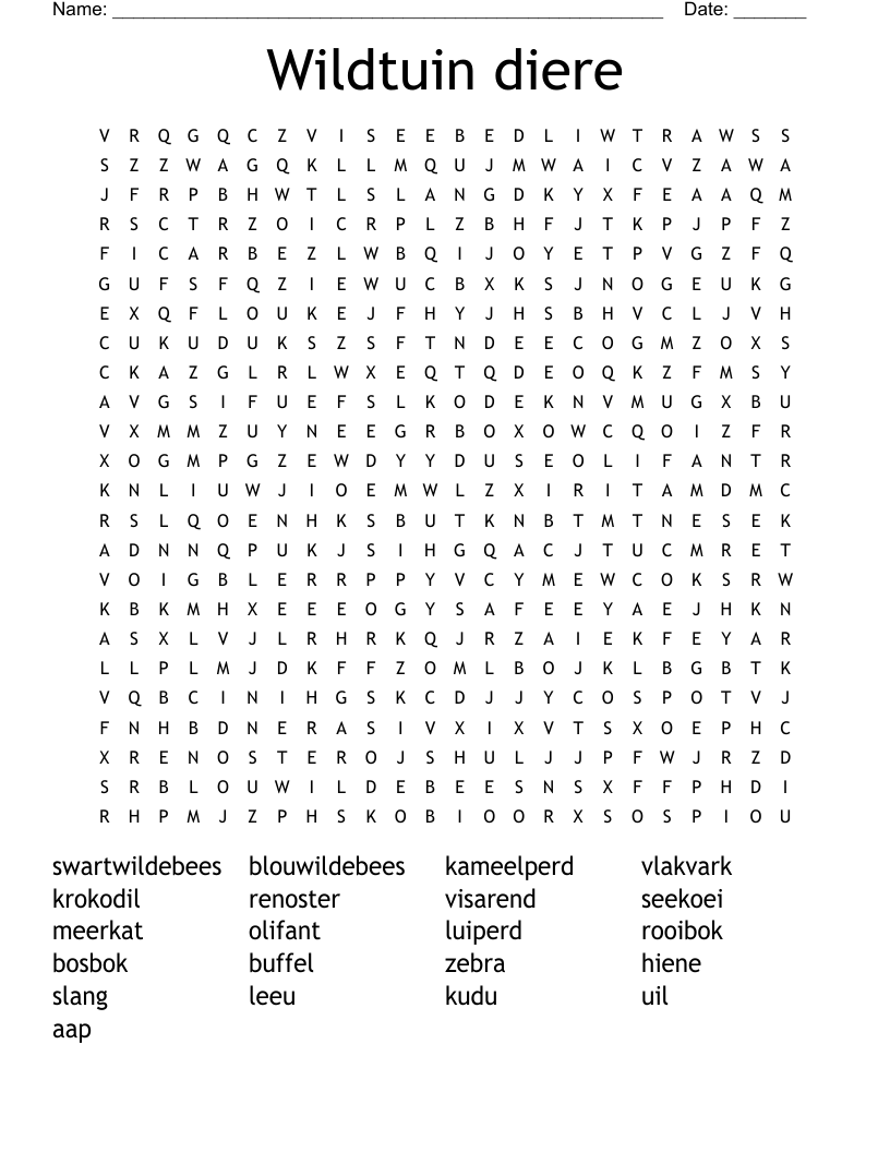 Wildtuin diere Word Search