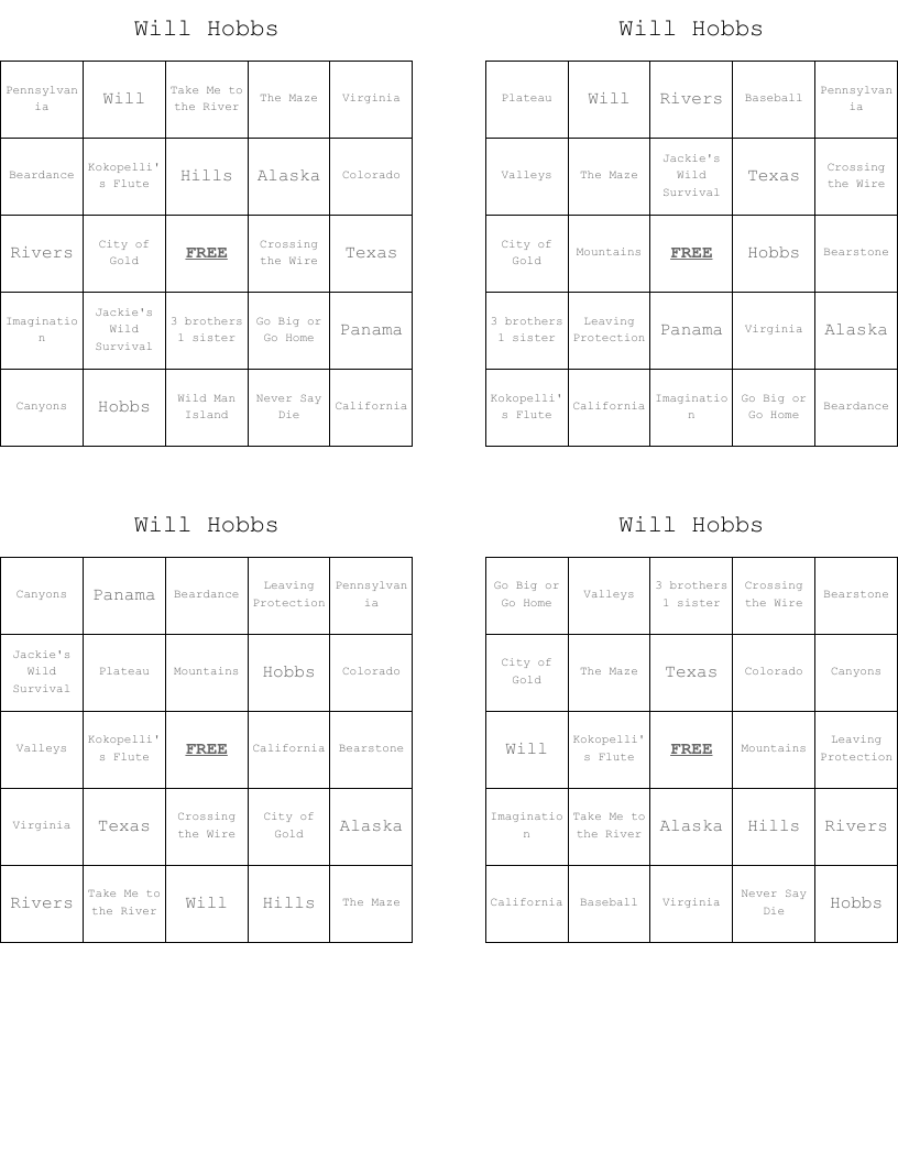 Will Hobbs Bingo Cards