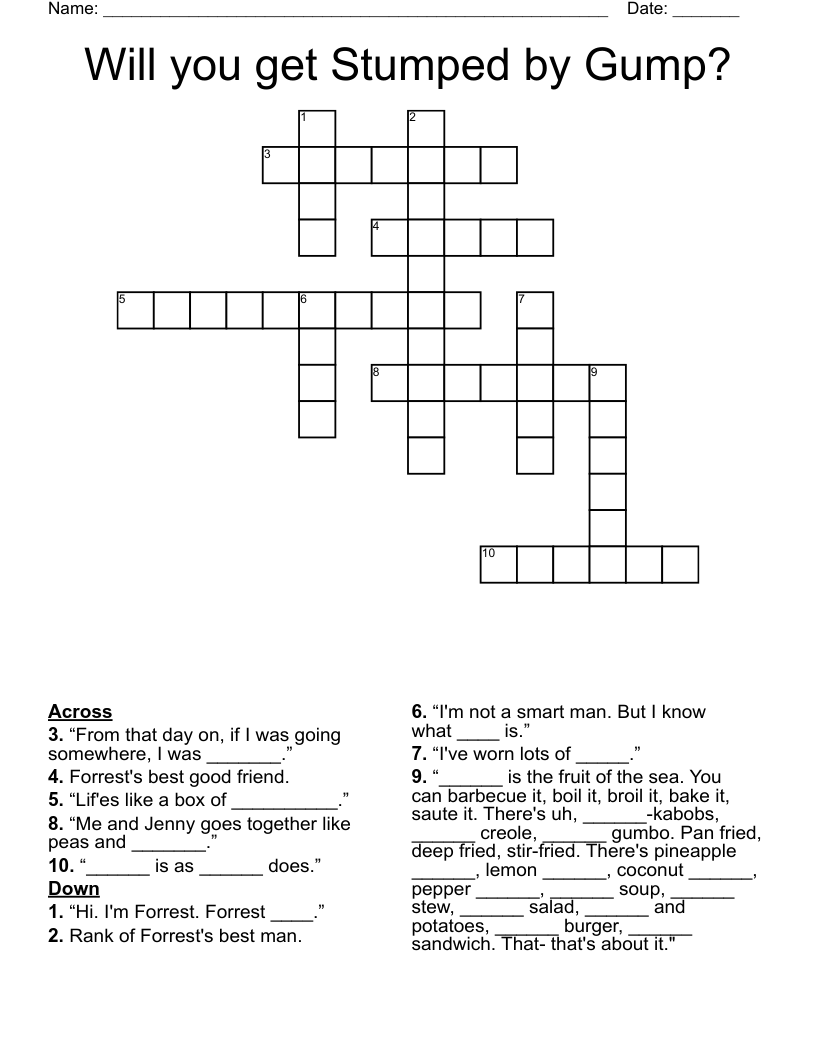 Will you get Stumped by Gump? Crossword