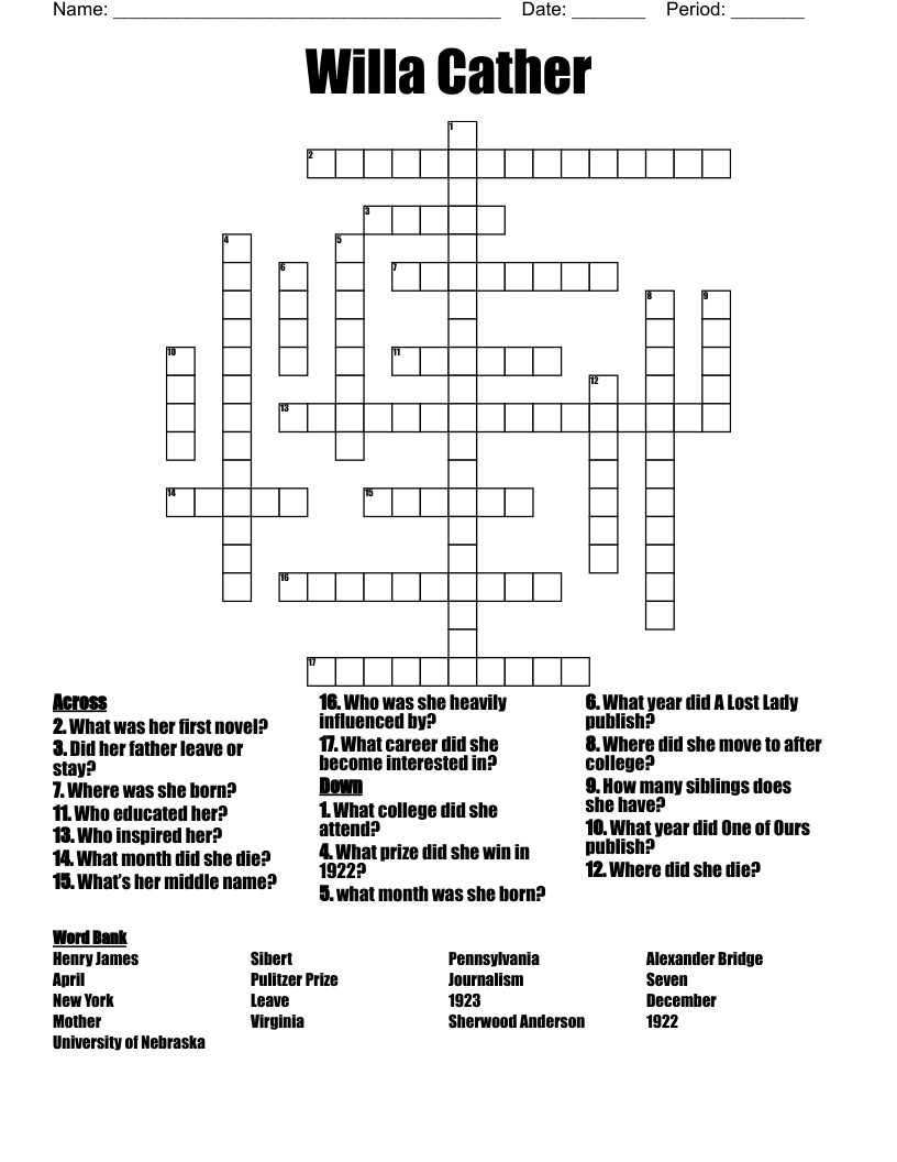 Willa Cather Crossword